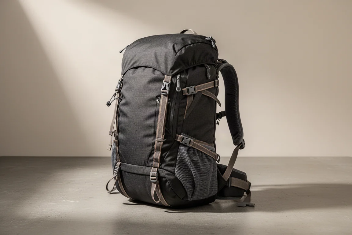 Mid-size hiking backpack with top lid and side compression straps on a concrete surface
