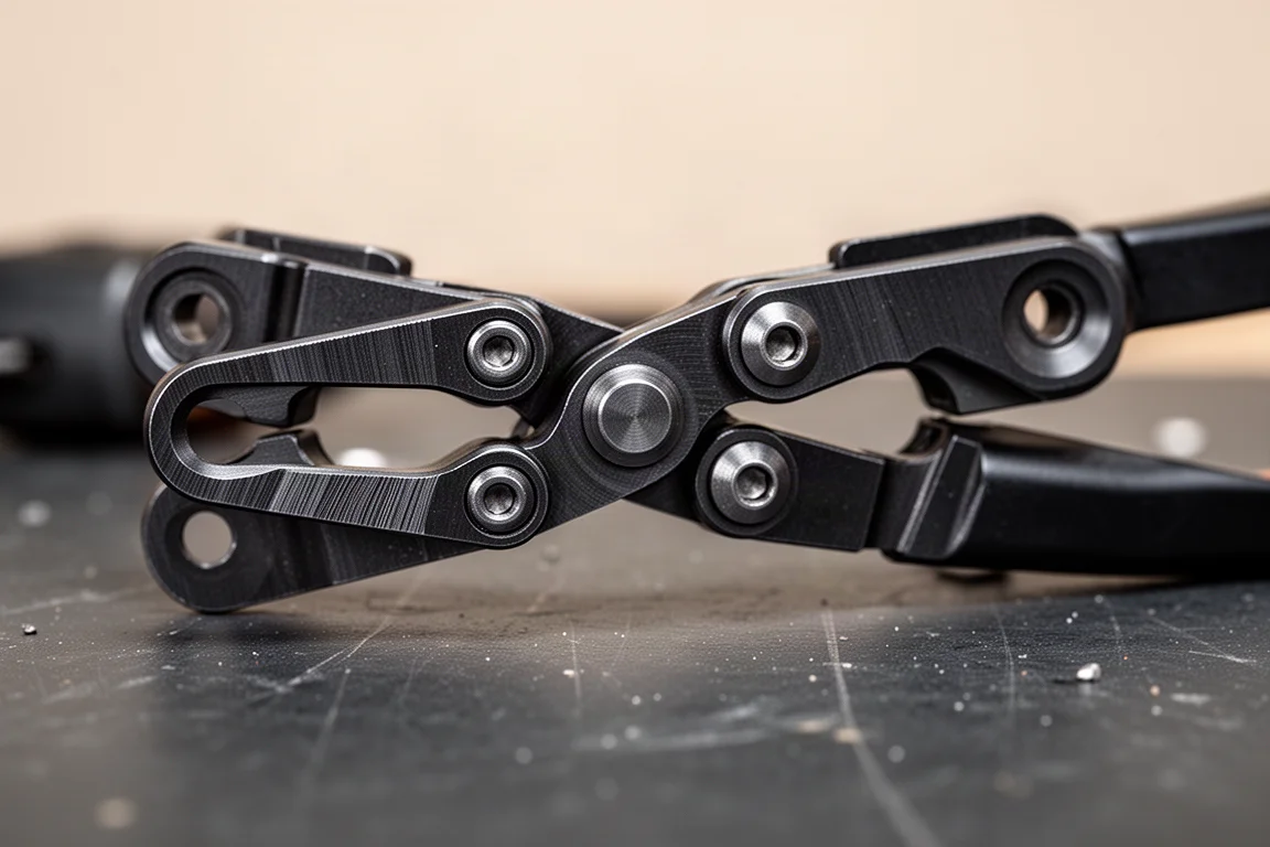 Close-up of the twin linkage mechanism near the pivot of a high leverage diagonal cutter