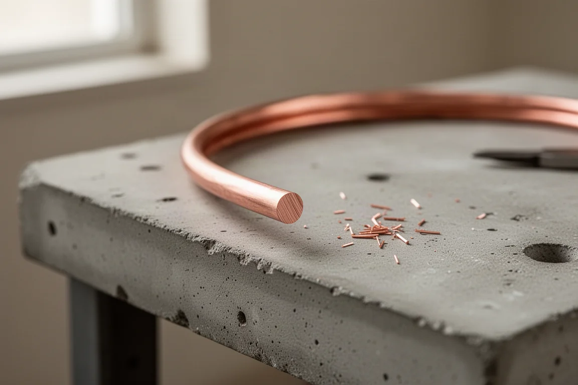 Solid copper wire freshly cut with a clean flat face on a workbench
