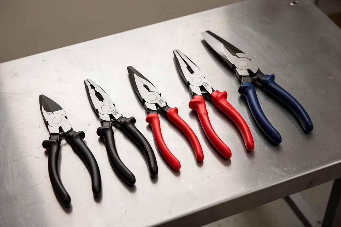 Assortment of diagonal cutters laid out side by side on a workshop bench