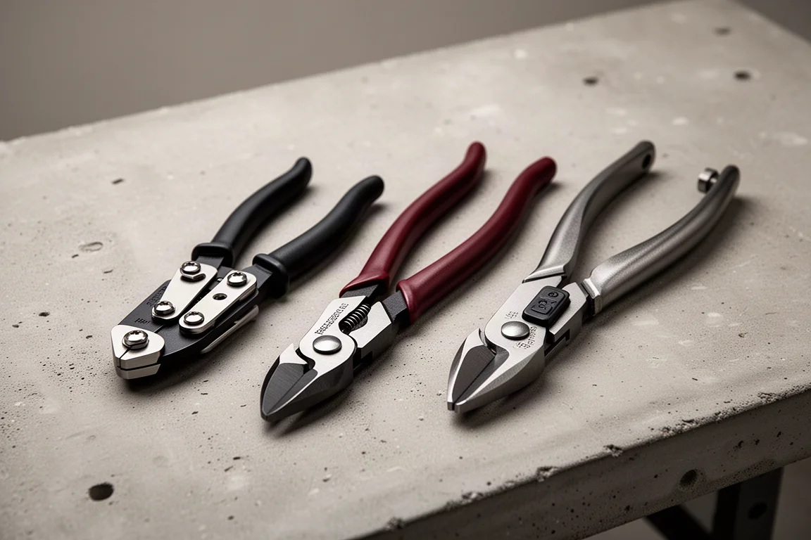 Three diagonal cutting pliers of different designs arranged on a concrete workbench