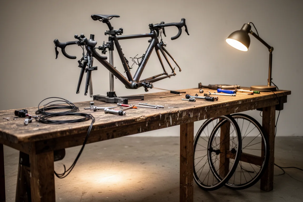 Telaio di bici da strada bloccato su un cavalletto da riparazione in un'officina silenziosa con attrezzi sul banco