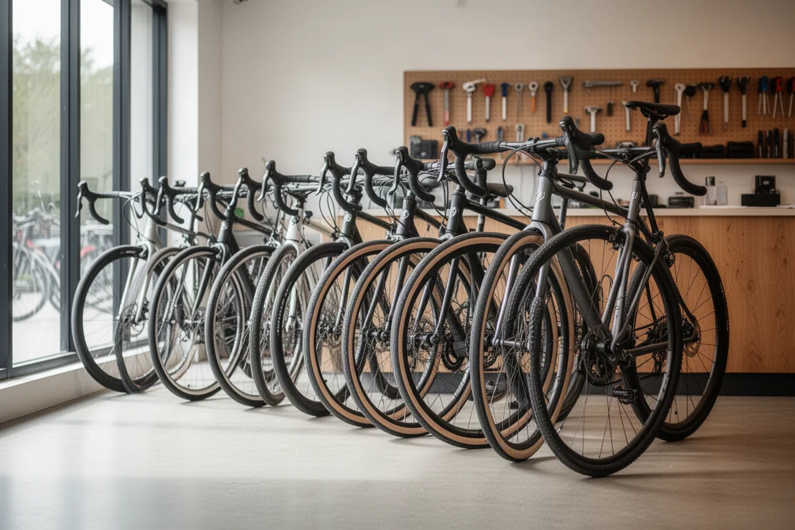 Fila di bici da strada usate allineate in un negozio luminoso con luce dalle finestre