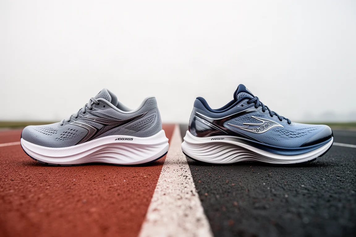 Zapatas de running alineadas en un carril de pista bajo una luz nublada uniforme
