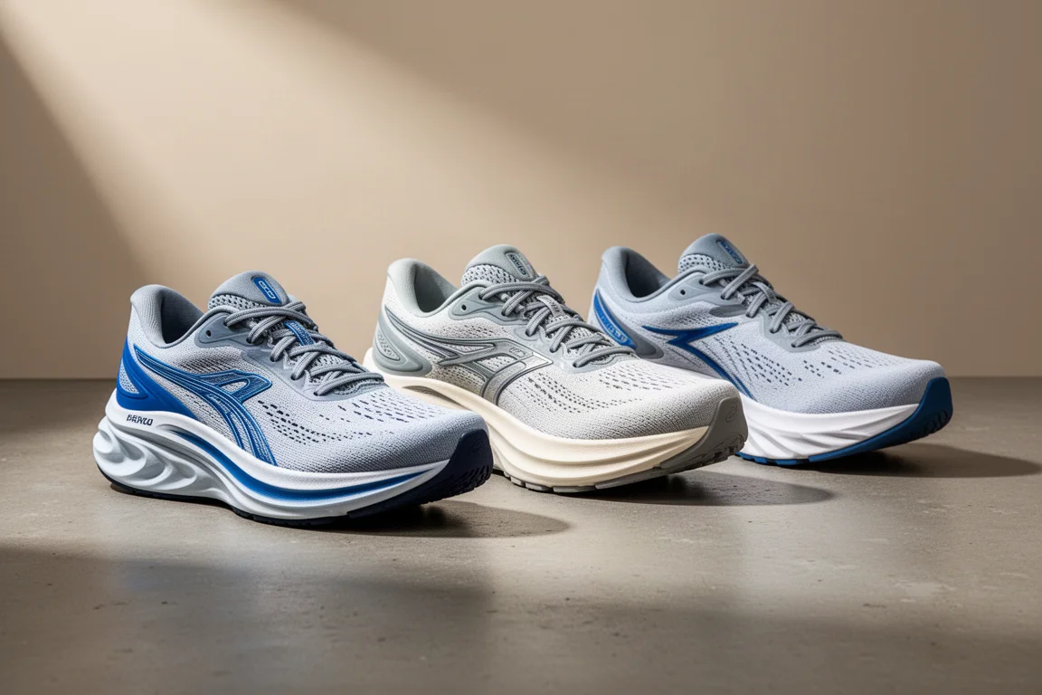 Three stability-oriented running shoes arranged on a concrete surface