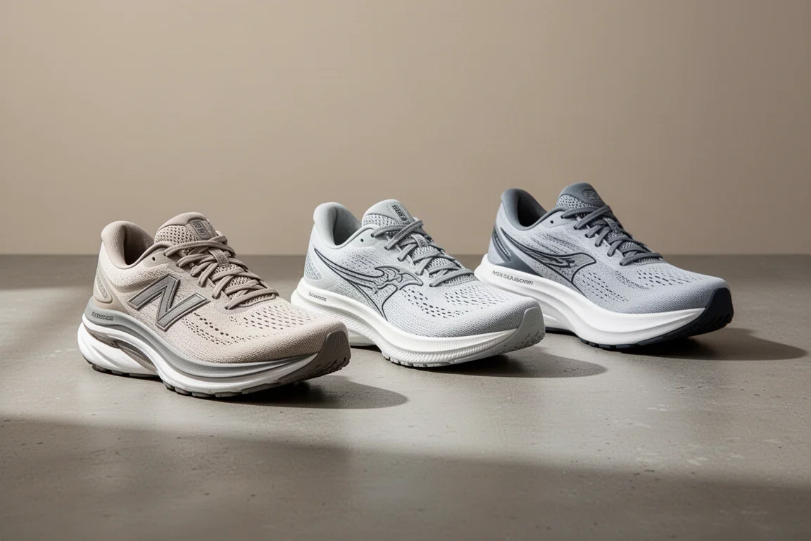 Three running shoes in a rotation lineup on a concrete surface