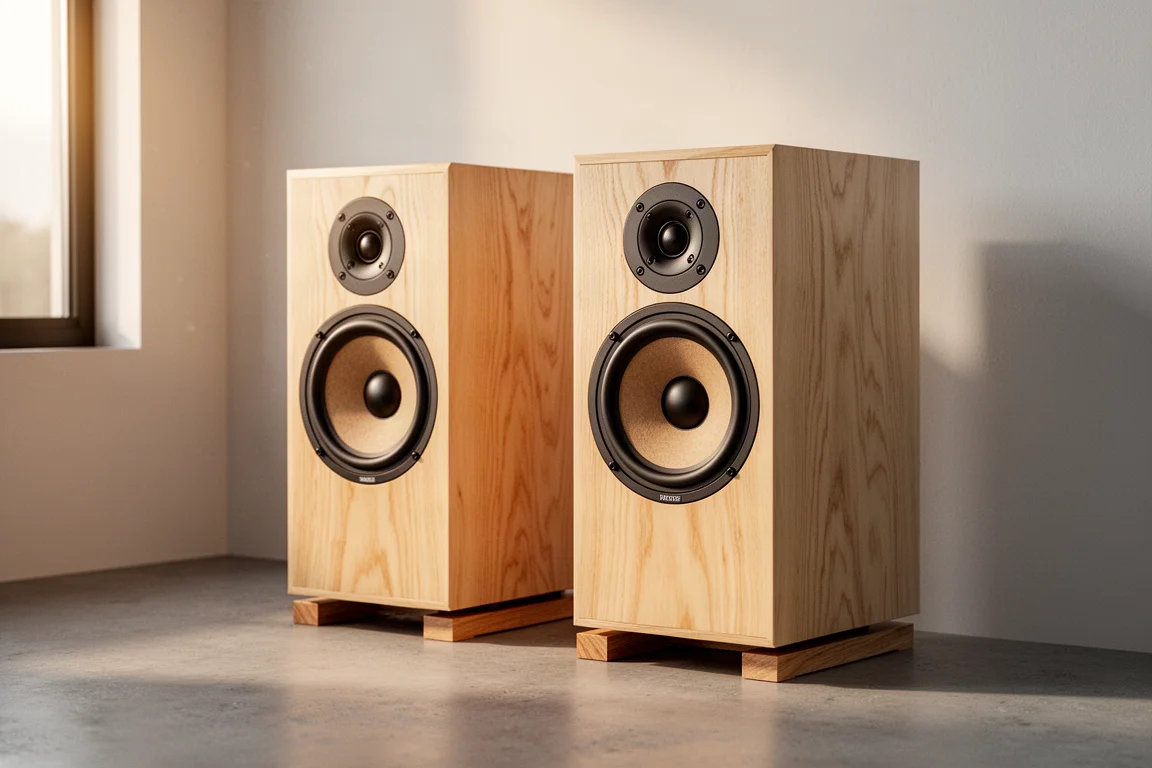 Pair of cypress standmount speakers on low wooden stands against a neutral wall