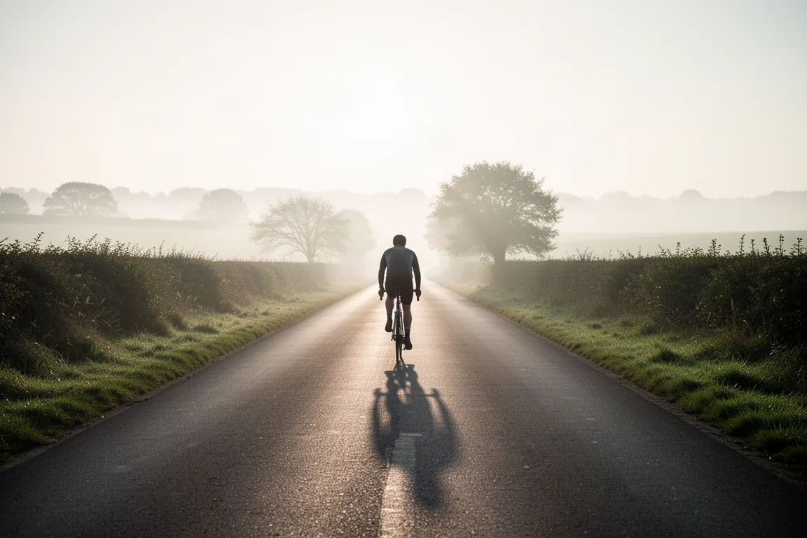 Ciclista rodando por una carretera abierta a la hora dorada, visto desde atrás