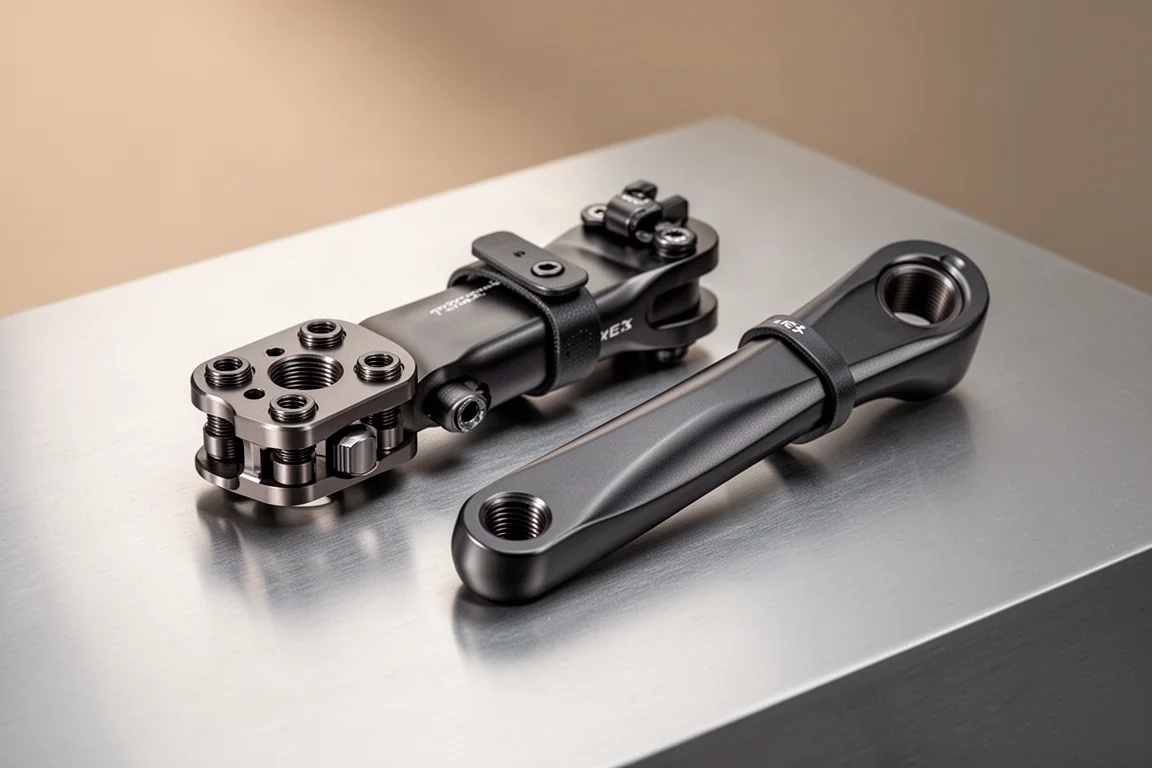 Two-part adaptive crank assembly laid out on a matte concrete surface