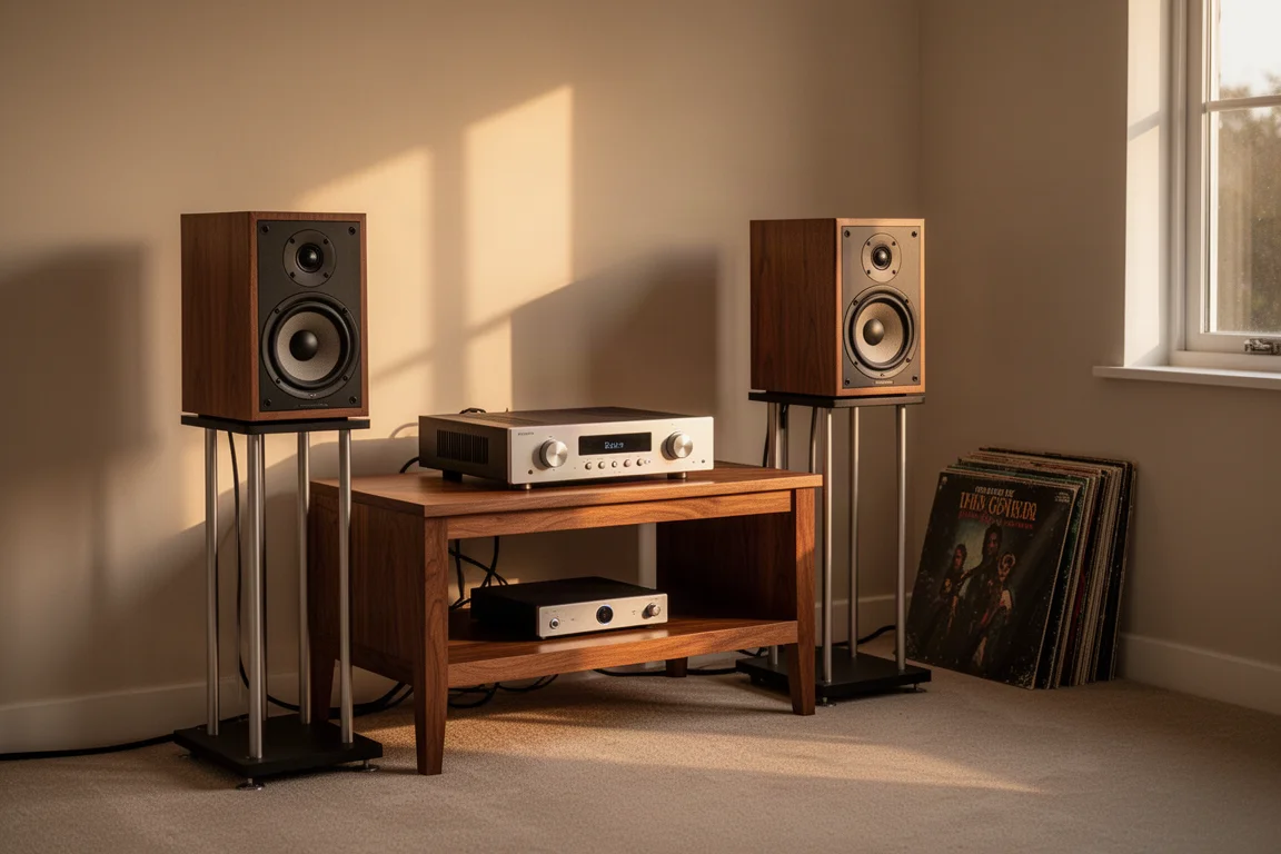 Listening room corner with amplifier, DAC, bookshelf speakers on stands, and vinyl records