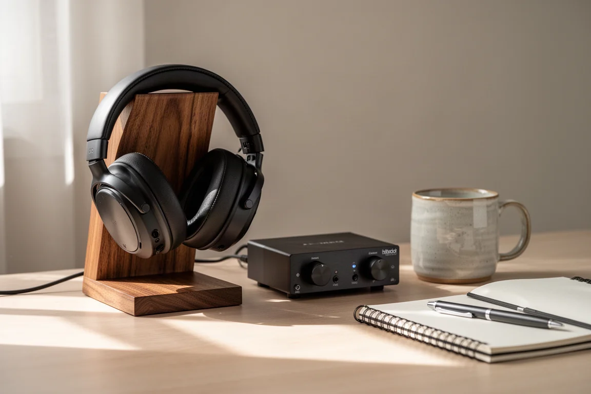 Headphones on a stand beside a compact headphone amplifier on a wooden desk