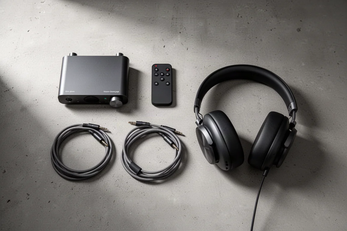 Overhead flat-lay of a starter hi-fi system with DAC, remote, cables, and headphones