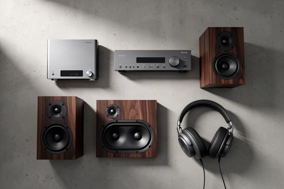 Flat-lay of a desktop DAC, amplifier, bookshelf speakers, and headphones on concrete