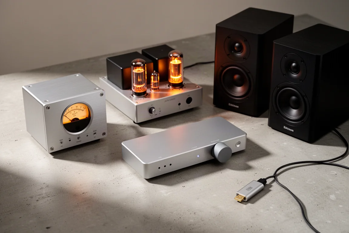 Group of compact hi-fi components including an amplifier, tube amp, DAC and speakers