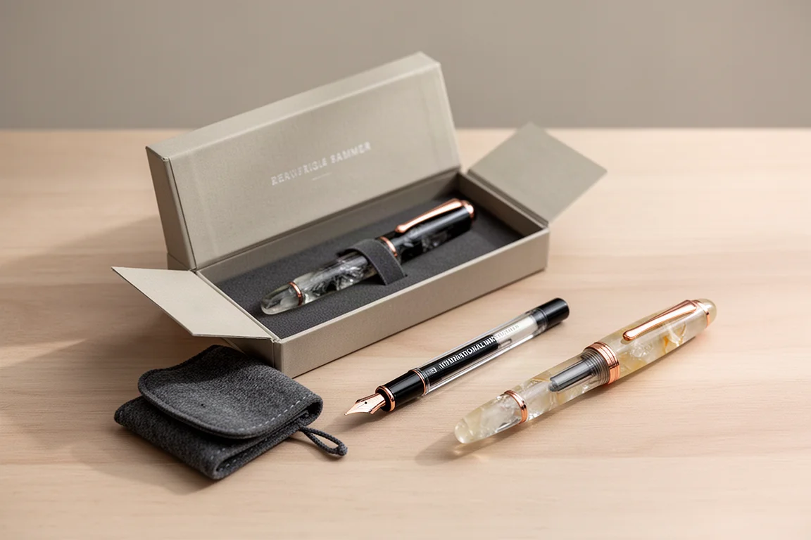 Auspackszene mit individueller Geschenkbox, Filzetui und Füllhalter auf einem Schreibtisch