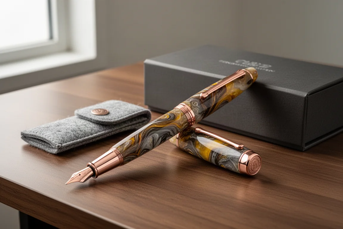 Resin fountain pen with rose gold trim on a wood desk beside a gift box and felt sleeve
