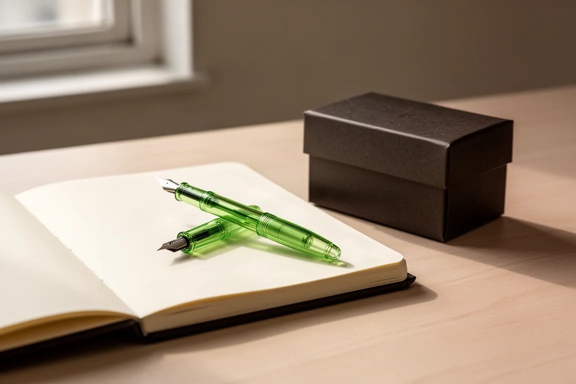 Compact green acrylic fountain pen resting on a notebook beside its packaging box