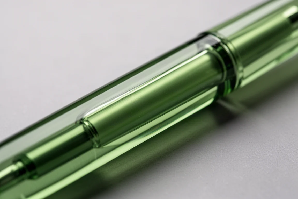 Close-up of glossy acrylic barrel showing depth and shimmer in the material