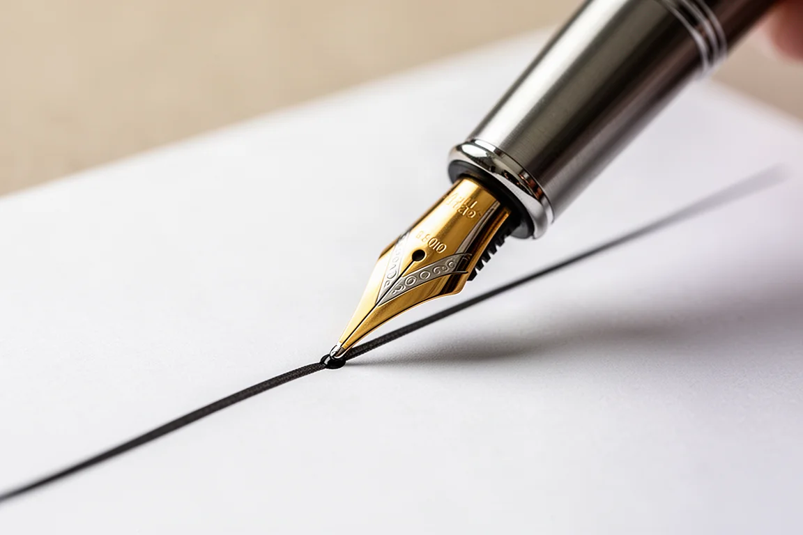 Fountain pen nib writing a smooth line on white paper