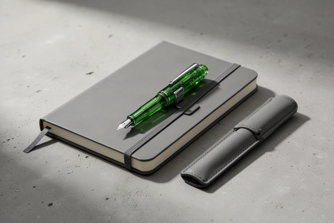 Compact fountain pen clipped to a notebook cover, ready to carry