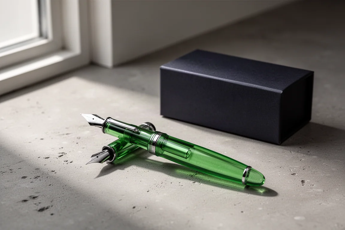 Penna stilografica in acrilico verde compatta accanto alla sua piccola scatola regalo su una superficie di cemento