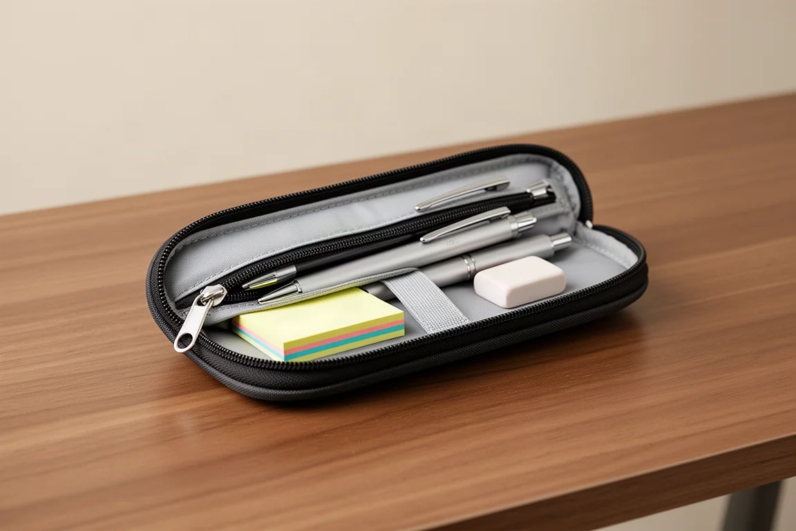 Schlankes, abgerundetes Zip-Etui teilweise geöffnet mit Stiften und Kleinteilen