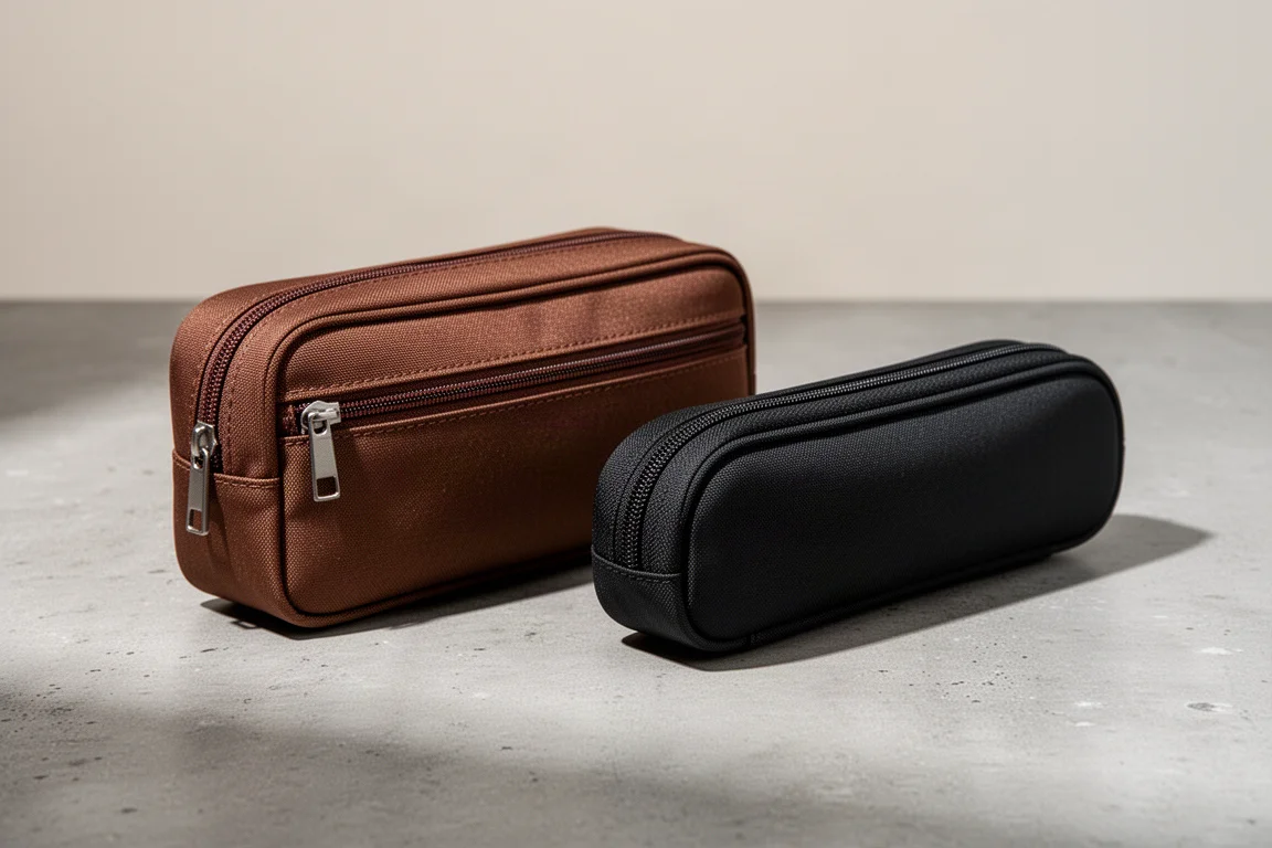 Two nylon pen cases, one brown organizer and one slim black zip case, on a concrete surface