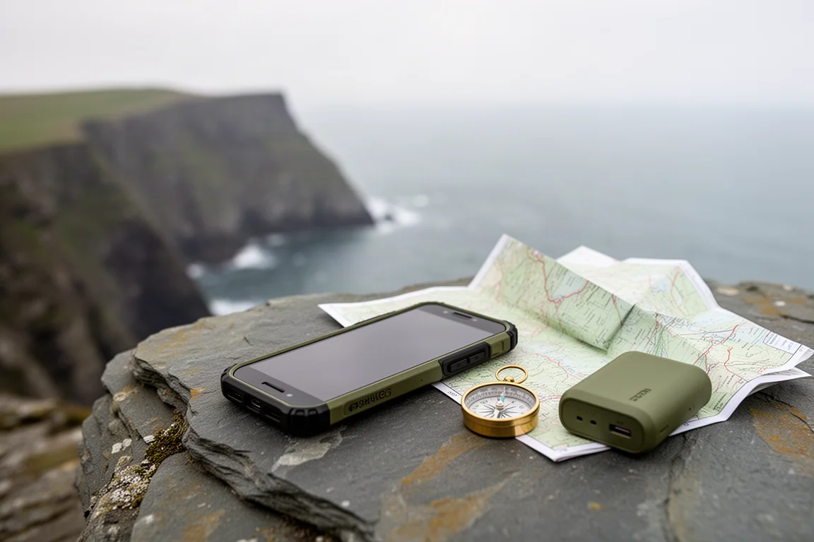 Telefono robusto, carta topografica, bussola e power bank su un affioramento roccioso sopra il mare