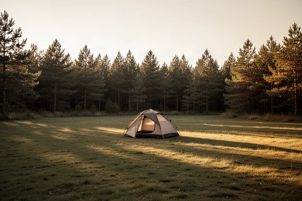 Flat grassy campsite clearing at golden hour with a small tent pitched in the middle distance