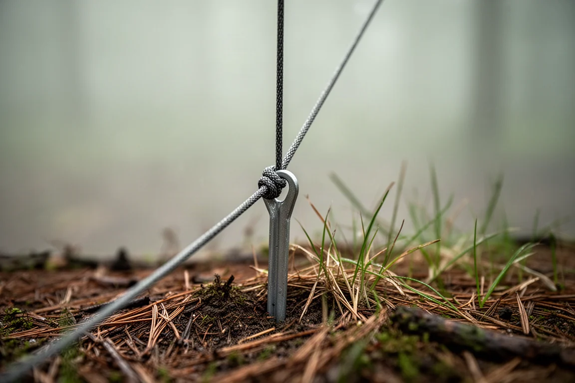 Close-up of a taut guy line and metal stake driven into forest ground