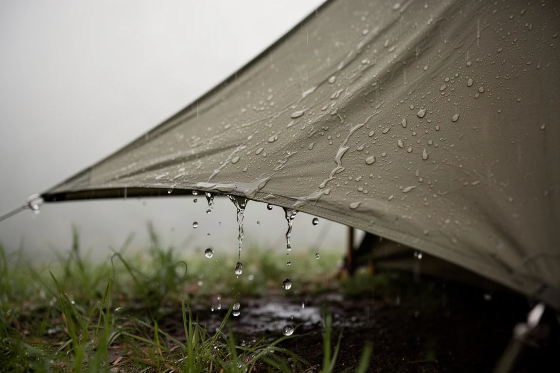 Rain beading on a tent fly above wet grass at a woodland campsite