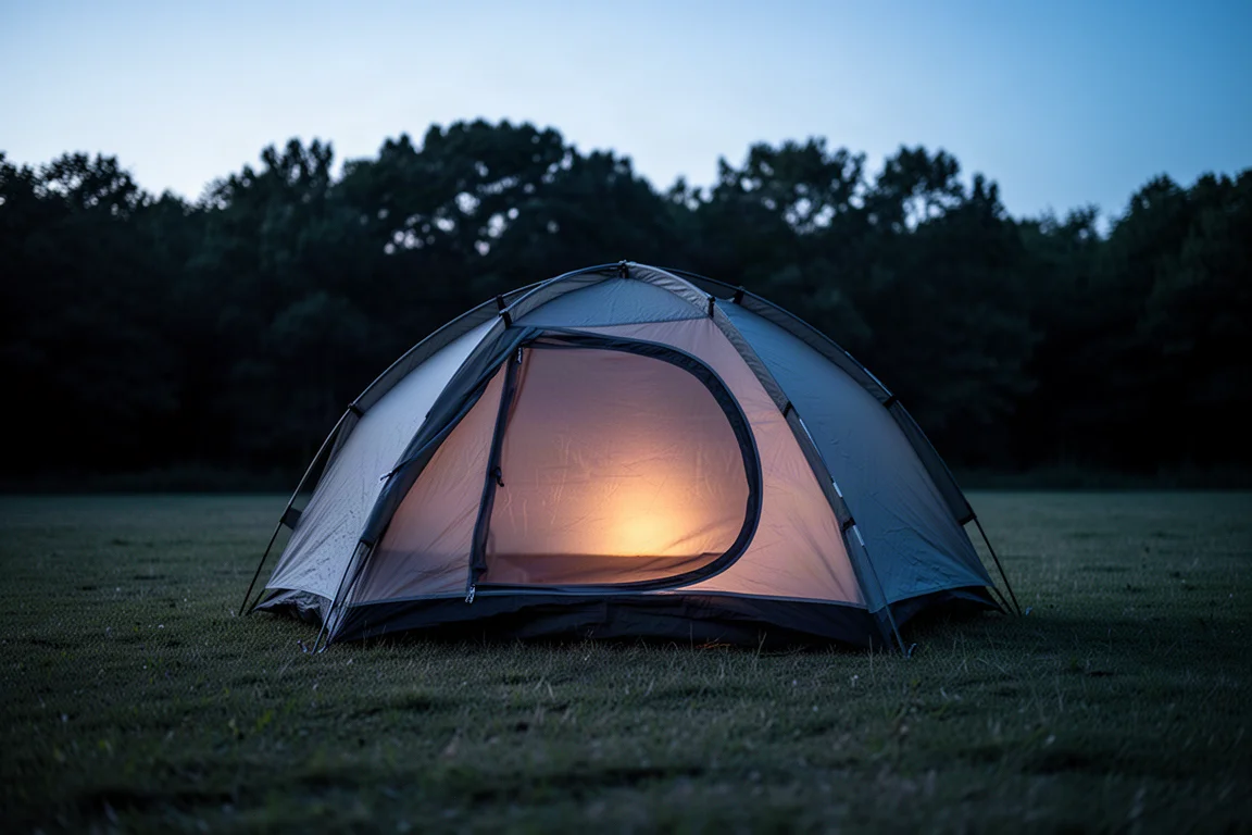 Two-person tent glowing at dusk on a flat grassy campsite