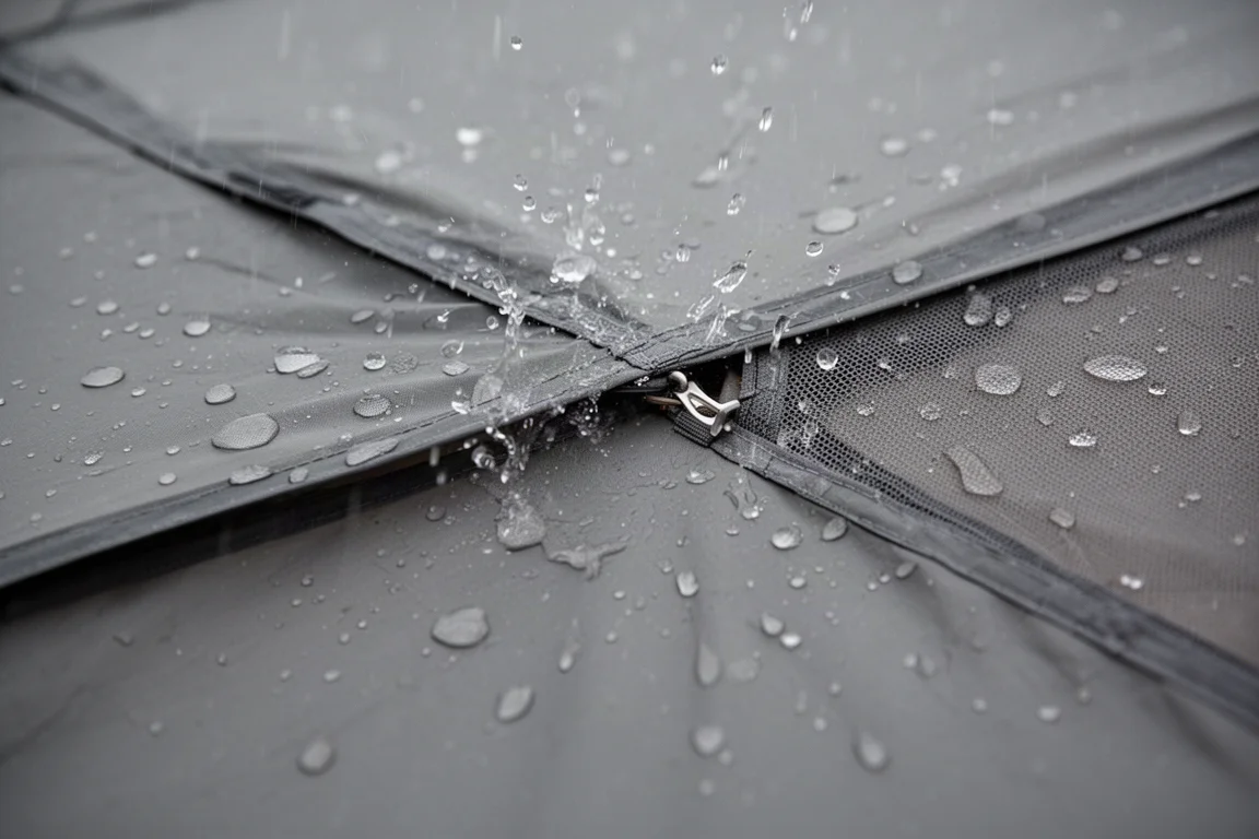 Rain splashing off a tent fly with wet inner mesh visible behind it