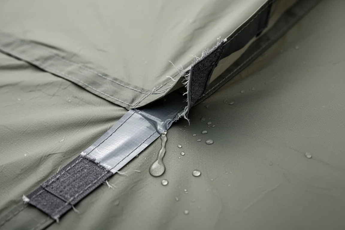 Close-up of peeling seam tape on a tent fly with a water droplet