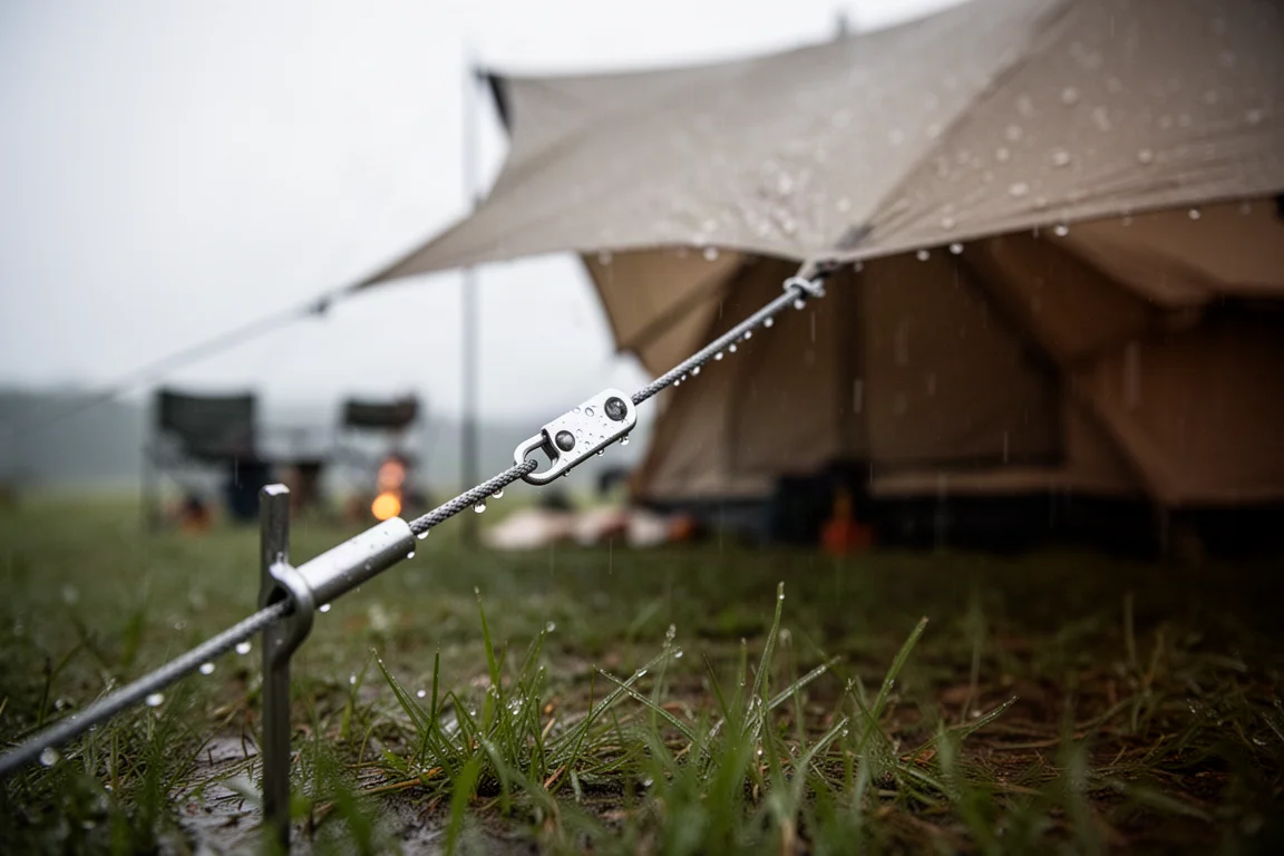 Guy line with an aluminium line tensioner leading to a tent in the rain