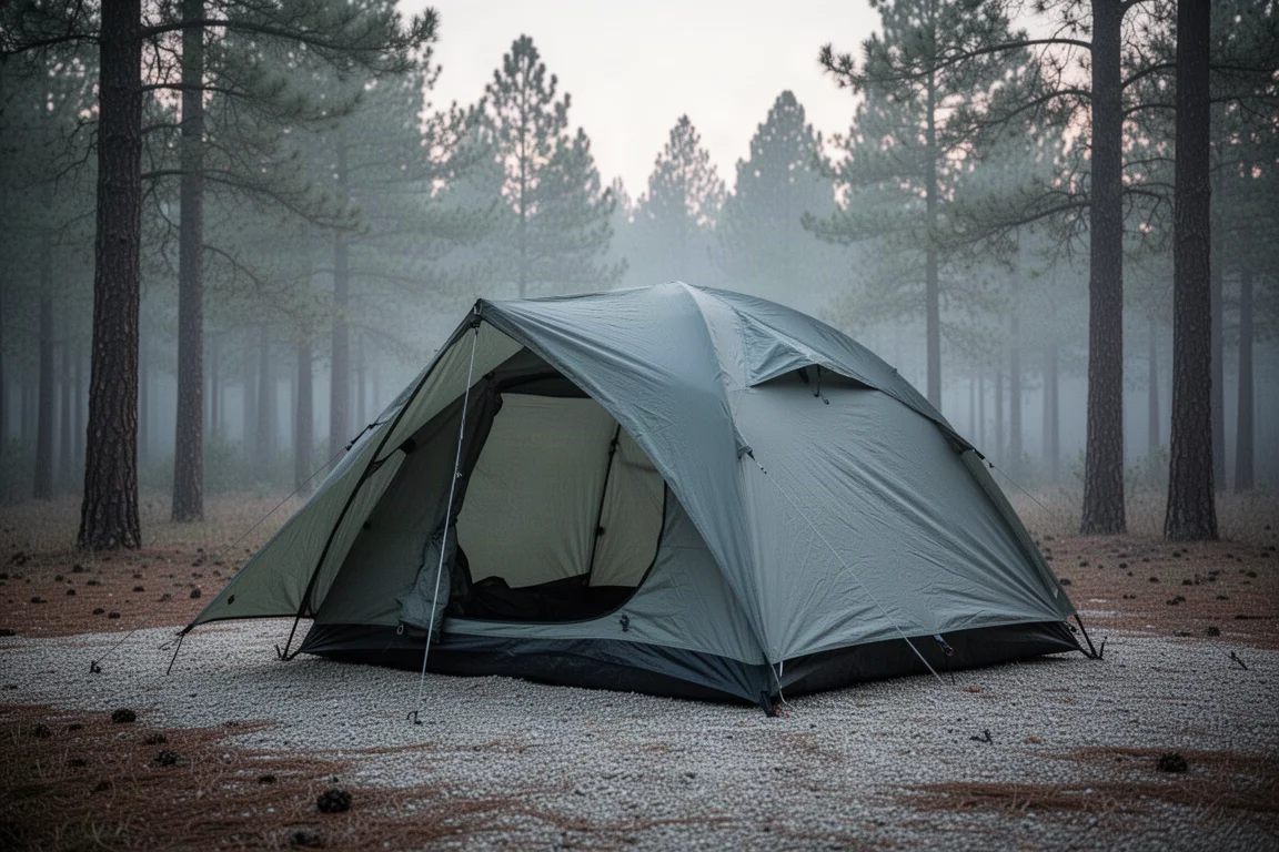 Two-person dome tent with rain fly pitched in a forest clearing at dusk