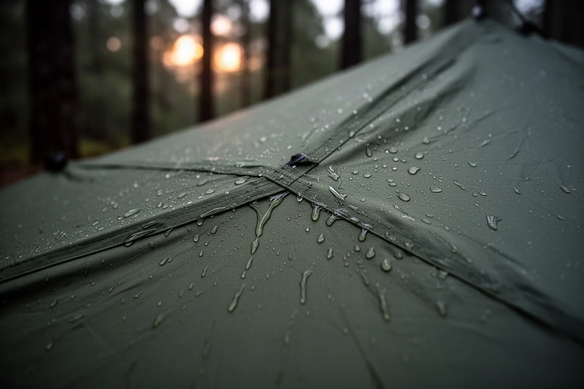 Gotas de lluvia en un sobretecho verde húmedo con una costura visible por la que resbala el agua
