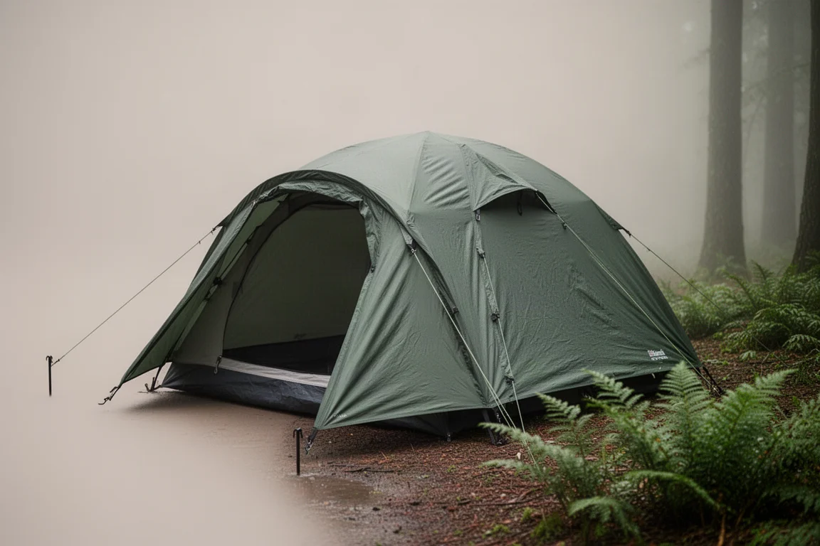 Tenda da campeggio a cupola per due persone con telo verde montata su terreno boschivo umido
