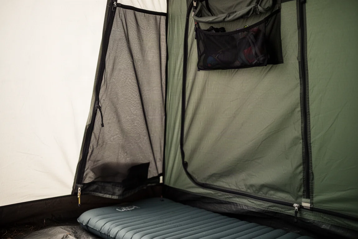 Tienda de cúpula montada en un camping con hierba al atardecer y luz cálida en el interior