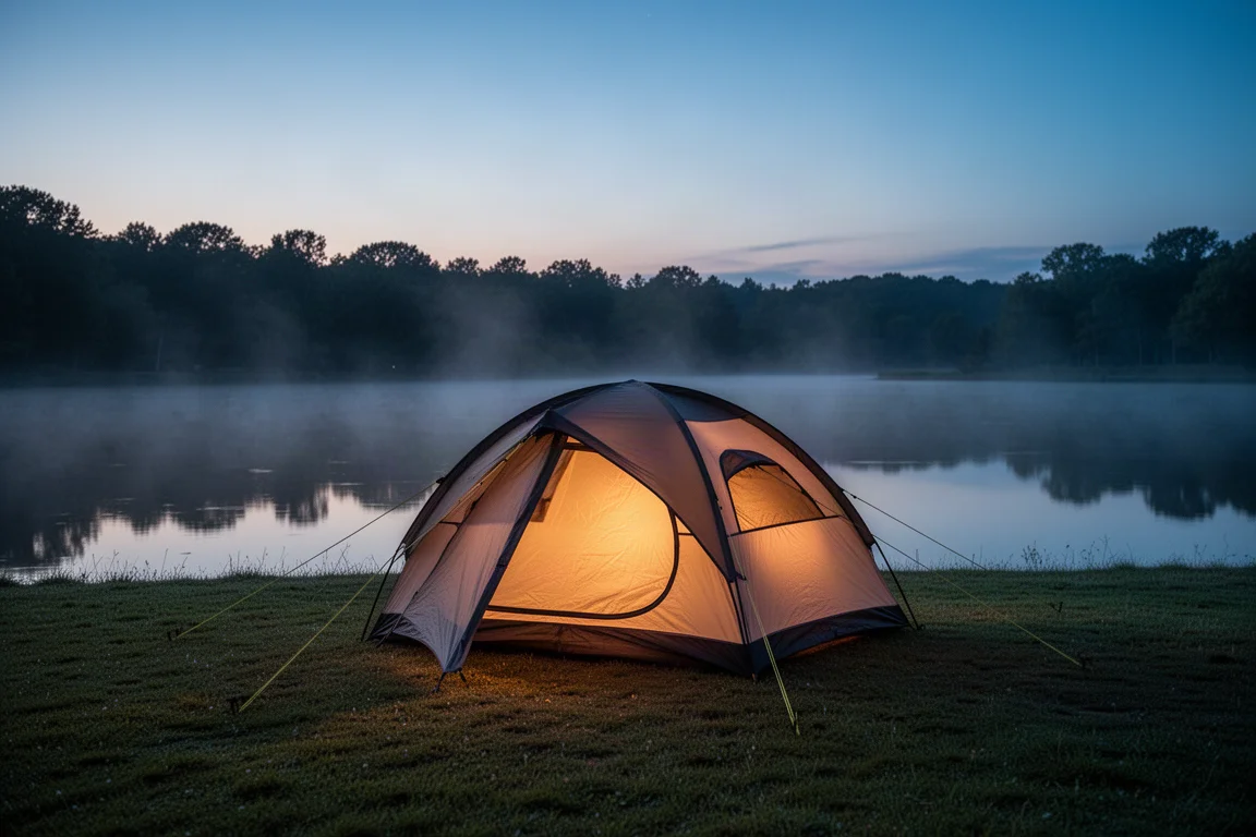 Vista cenital de accesorios de acampada como estacas, vientos y un footprint plegado