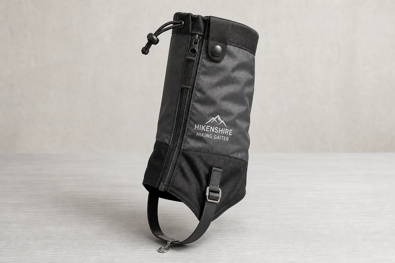 Five leg gaiters in different styles and materials arranged on concrete