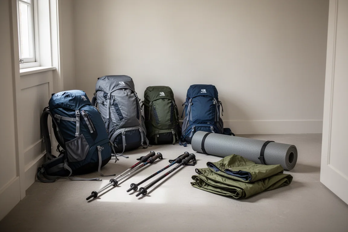 Hiking gear and several backpacks laid out on a hallway floor for sorting