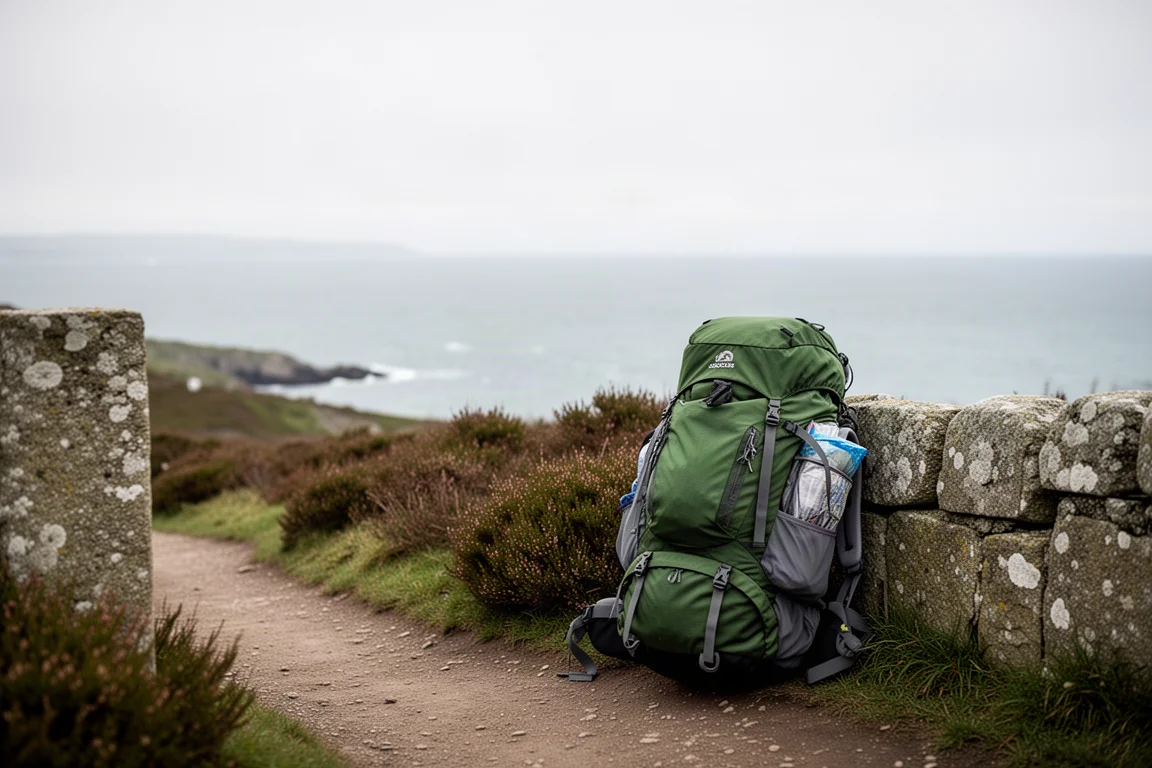 Large loaded hiking rucksack resting against a granite wall on a coastal path
