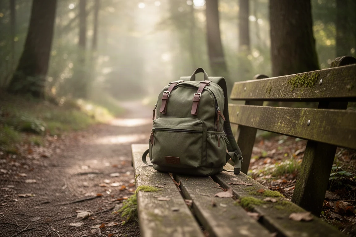 Small daypack resting on a wooden bench beside a woodland trail