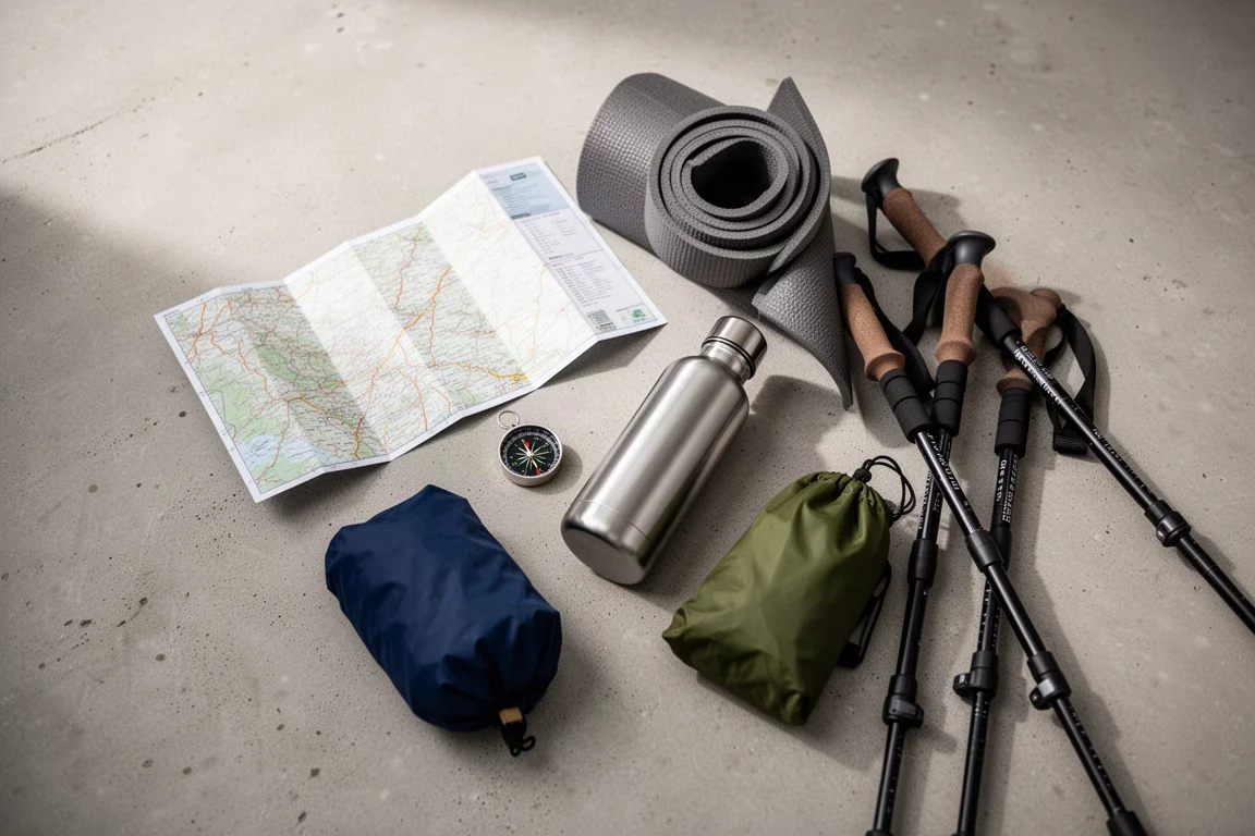 Overhead flat lay of hiking essentials arranged on a concrete surface