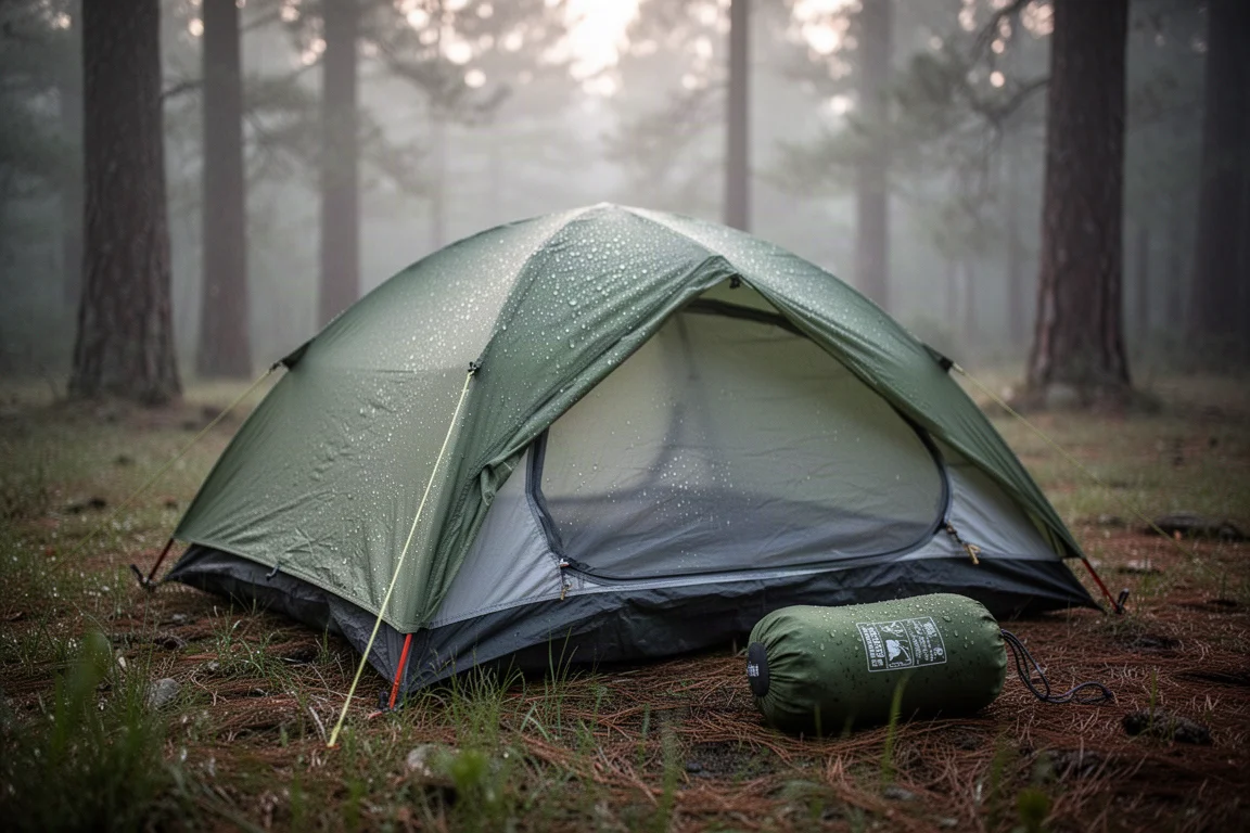 Piccola tenda monoposto piantata in una radura boschiva all'alba con condensa sul telo esterno