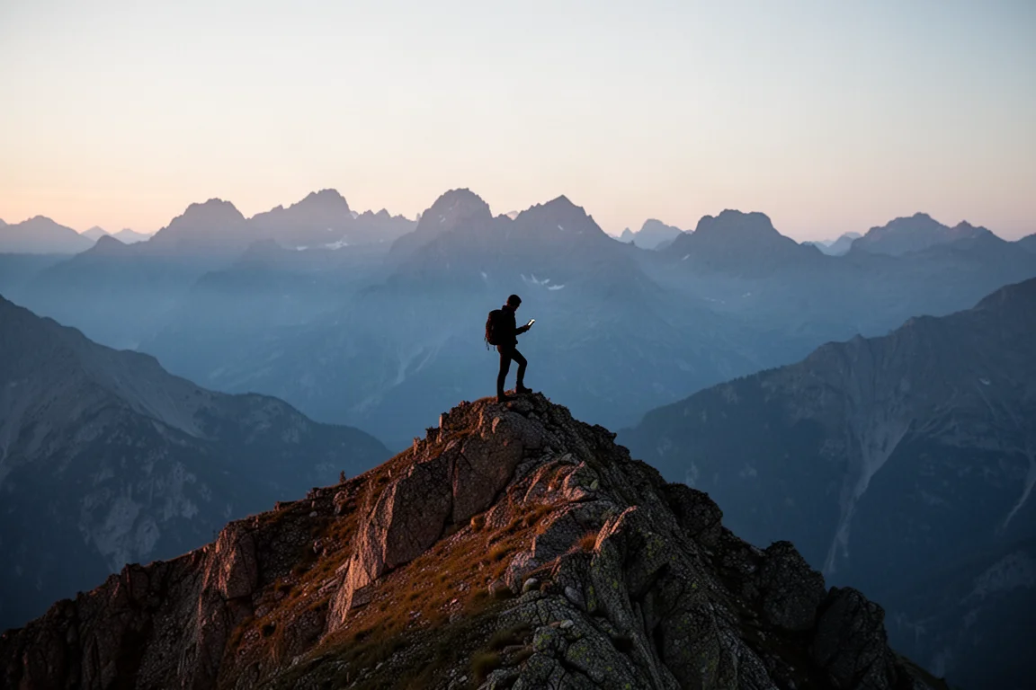 Senderista solitario deteniéndose en una cresta alpina expuesta al atardecer con montañas escalonadas detrás
