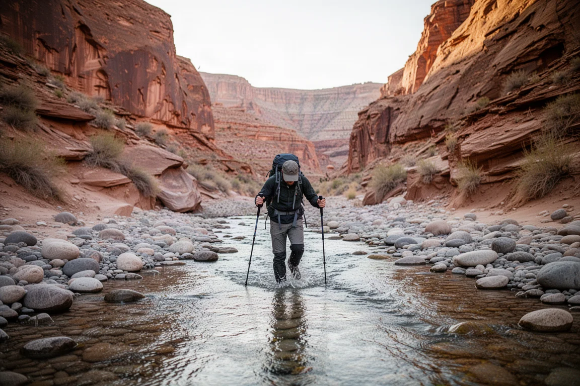 Senderista vadeando un arroyo rocoso poco profundo en un cañón desértico usando bastones de trekking para mantener el equilibrio