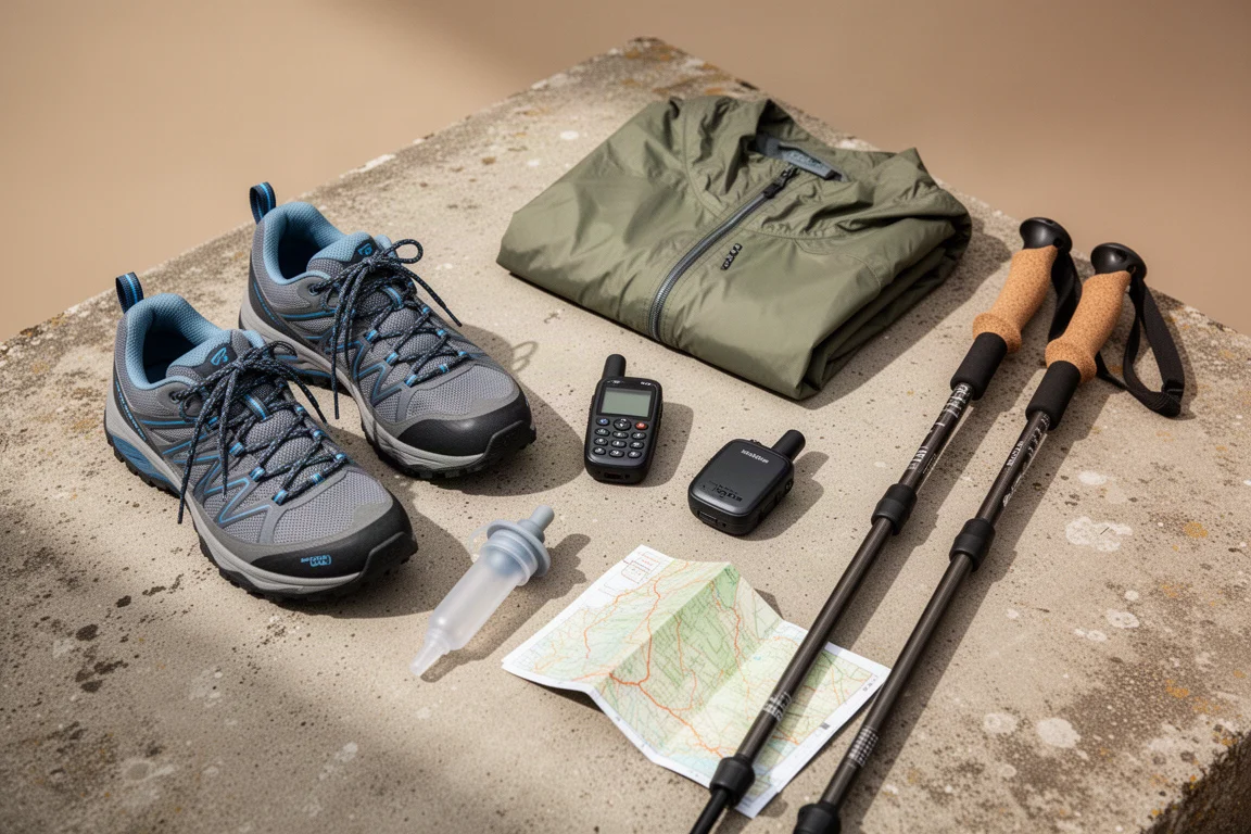 Disposizione dall'alto di scarpe da trekking, giacca antipioggia, filtro, mappa e bastoncini da trekking su cemento