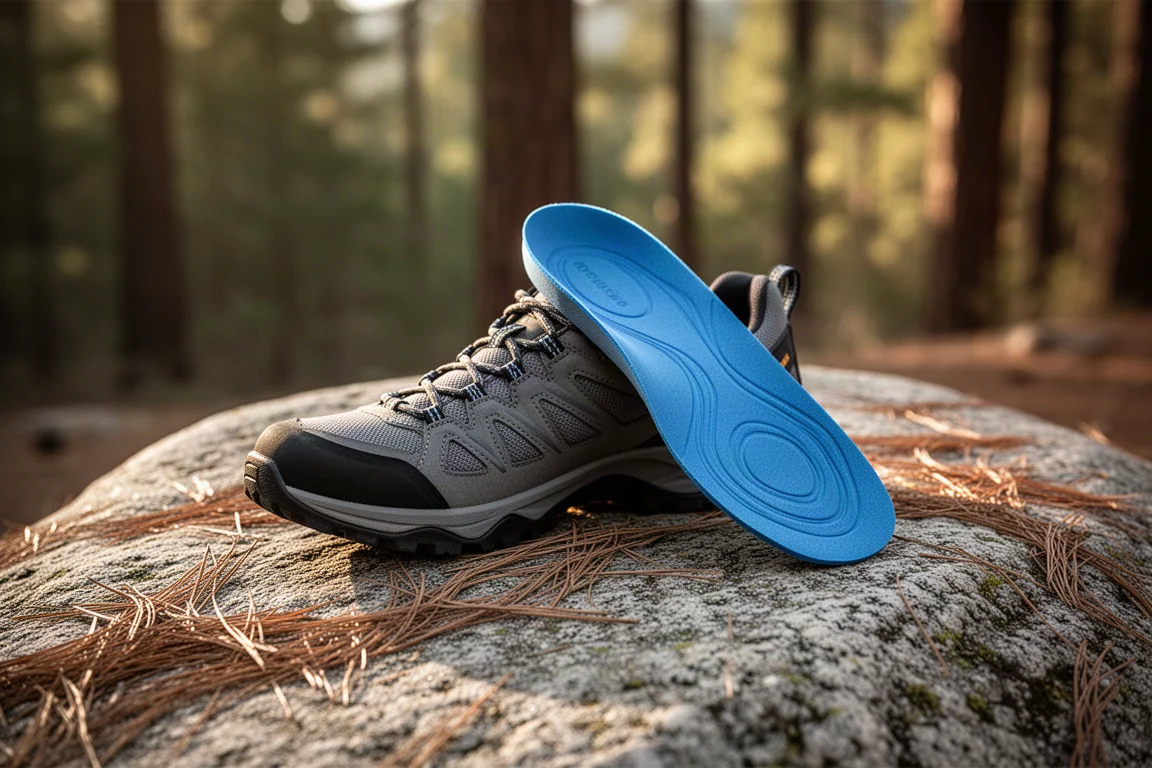 Scarpa da trail bassa con una sottile soletta sagomata blu appoggiata accanto su granito